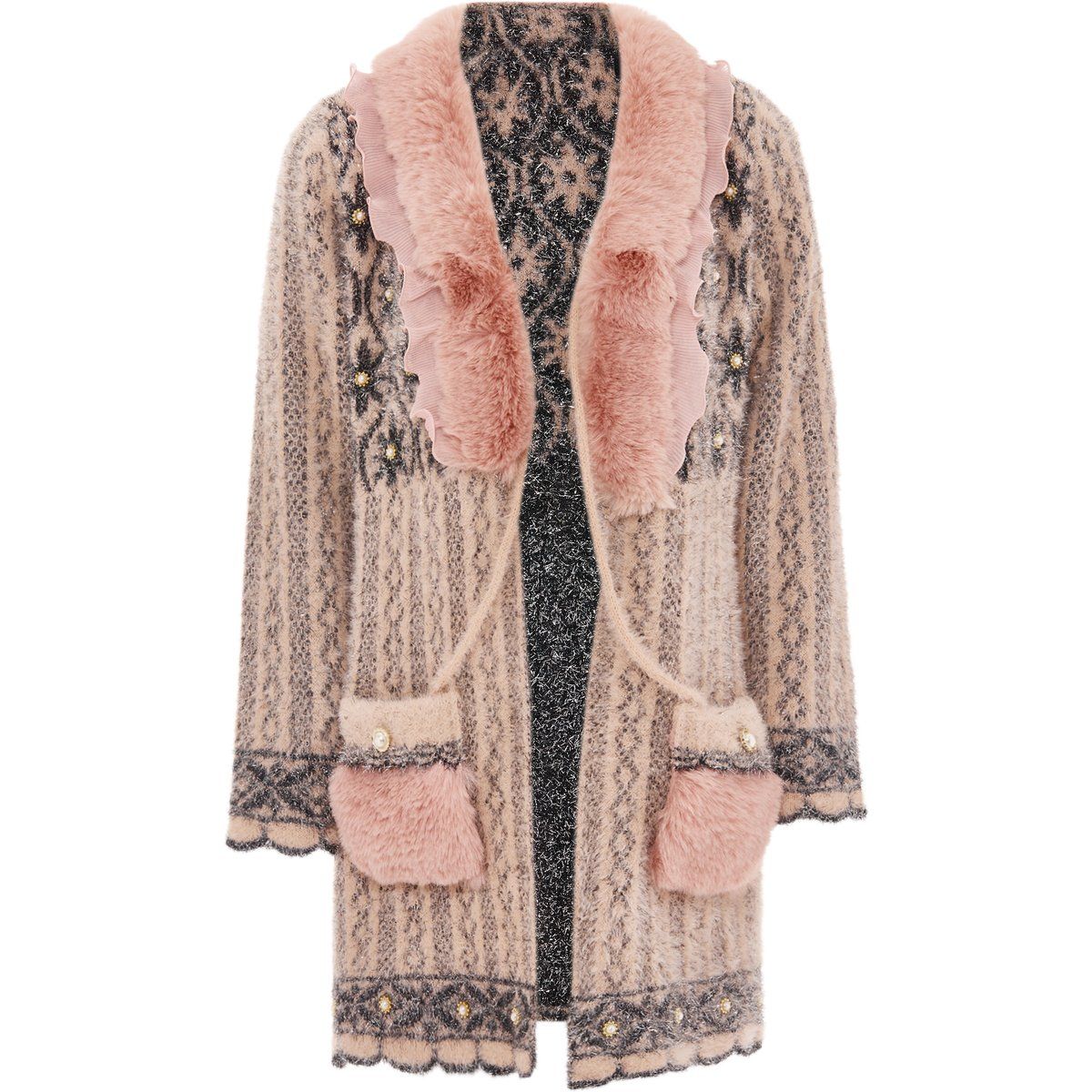 Gemusterte Strickjacke mit Webpelz-Besatz