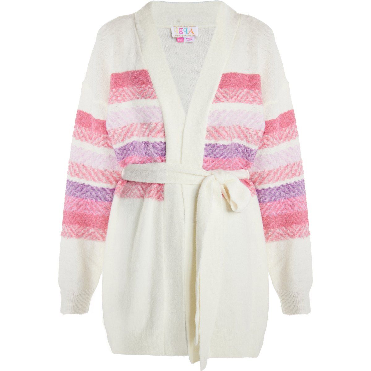 Gestreifte Langstrickjacke mit Bindegürtel