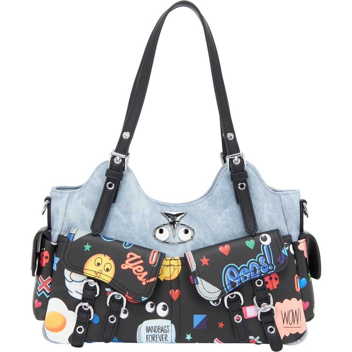 Trapez-Tasche mit Pop-Art-Grafik und Denim
