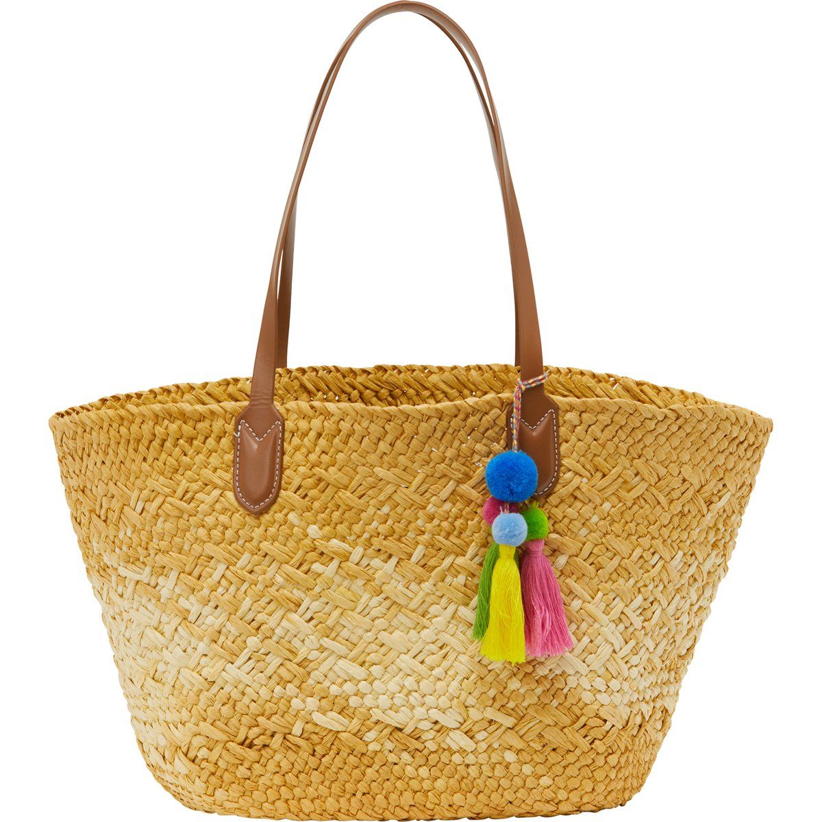 Geflochtene Strohtasche mit bunten Quasten
