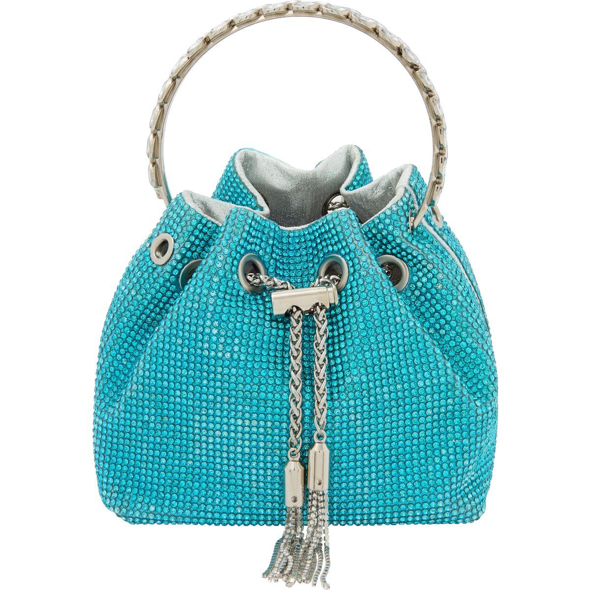 Strassbesetzte Beuteltasche mit Metallgriff