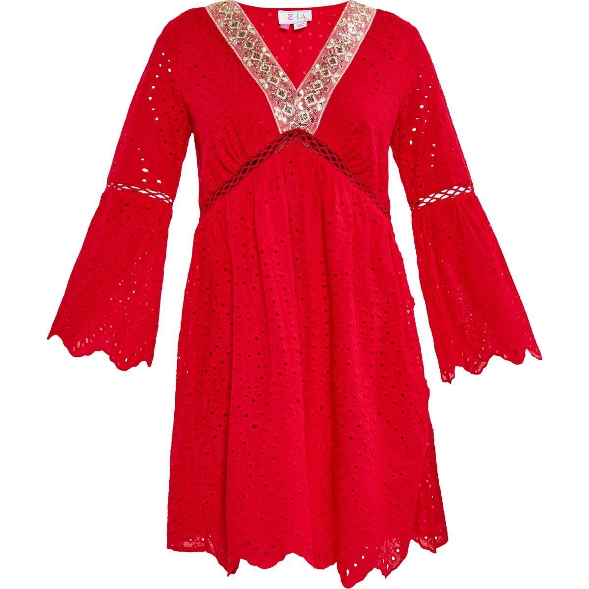 Boho-Minikleid mit Lochstickerei und Verzierung