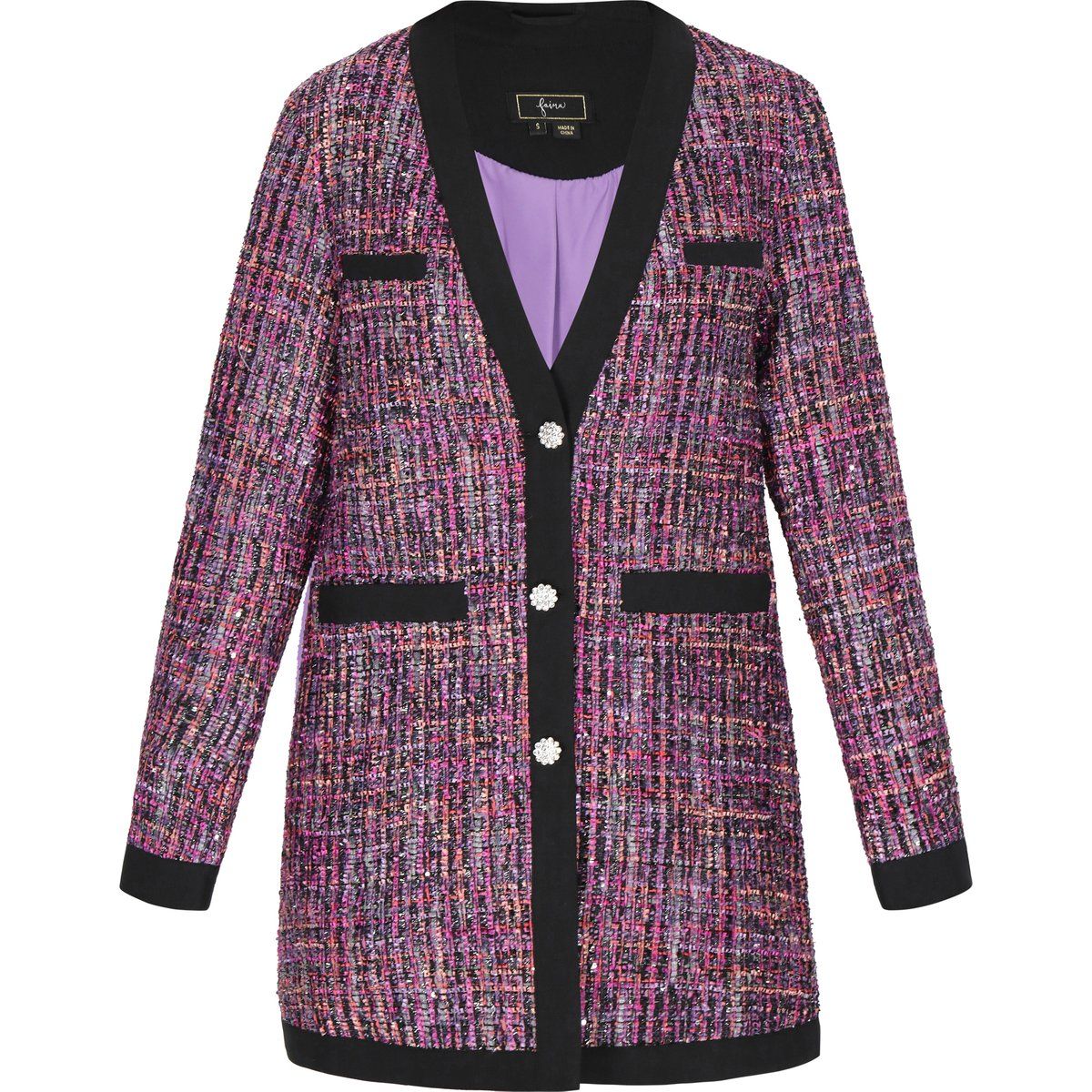 Langer Bouclé-Blazer mit Kontrastbesatz