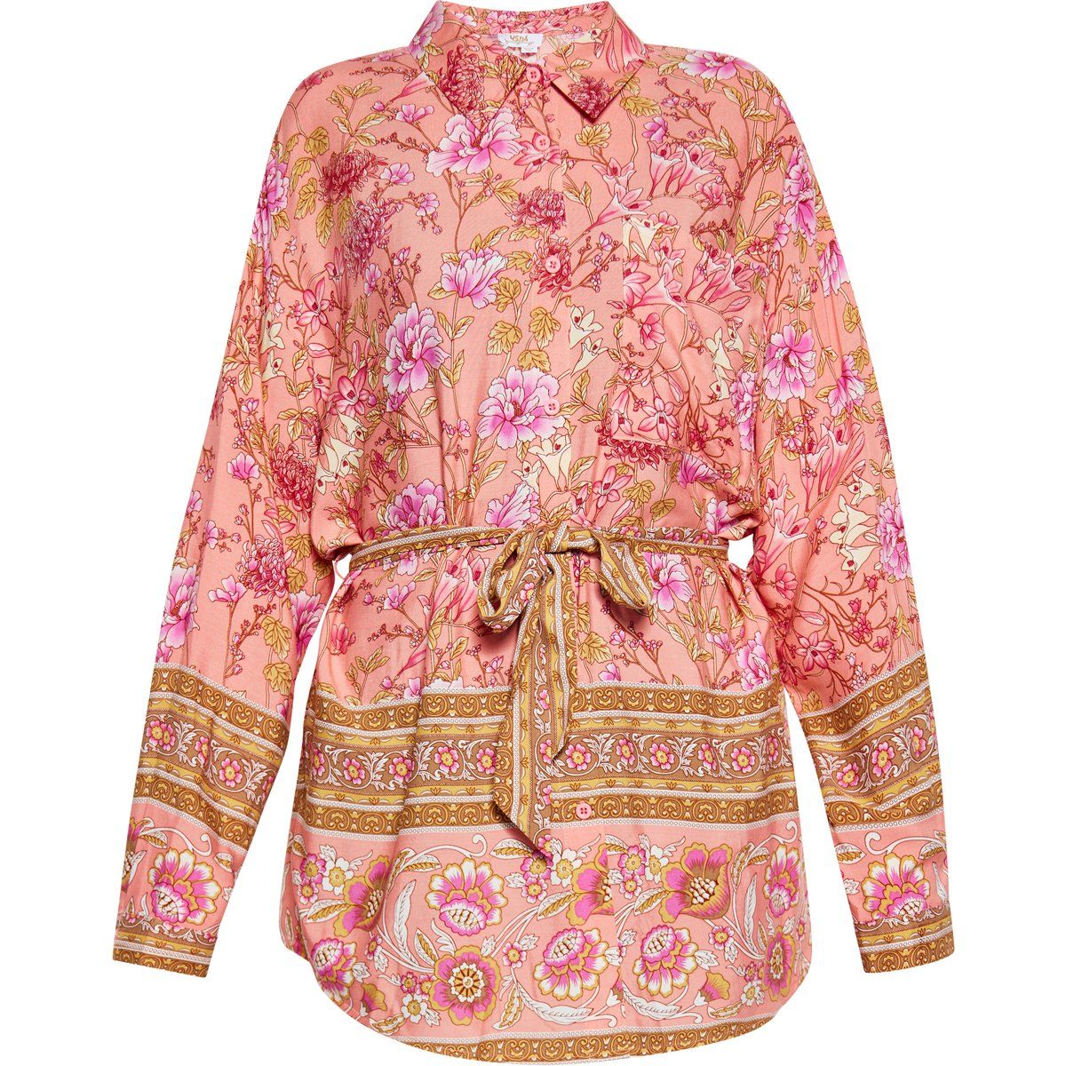 Geblümte Viskosebluse mit Gürtel