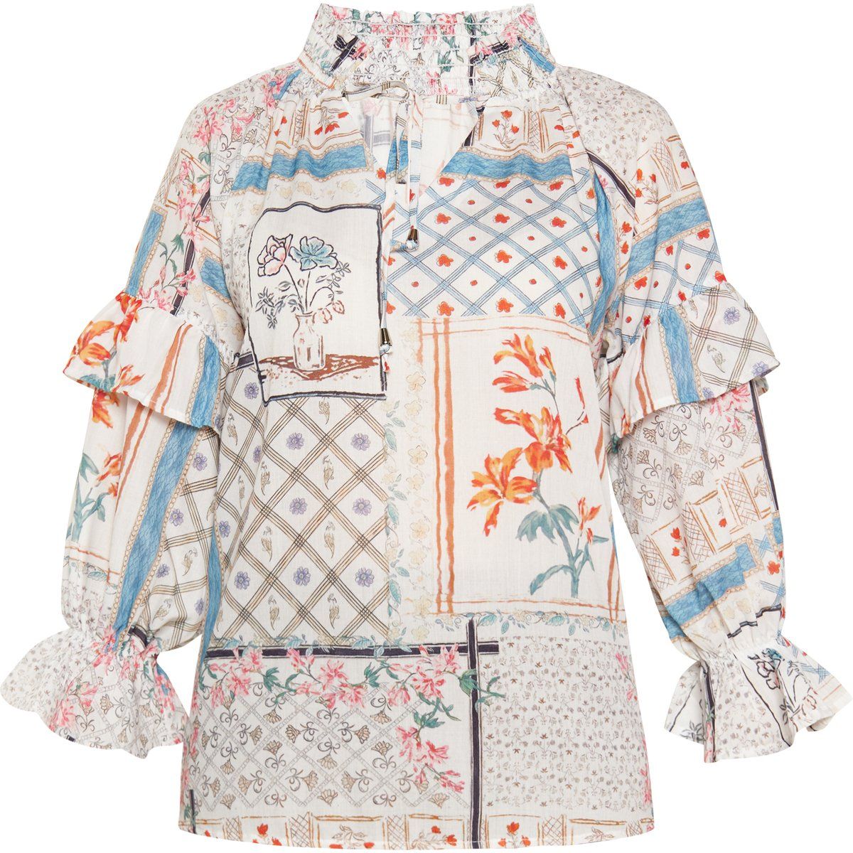 Patchwork-Print Oberteil mit Rüschen-Ärmeln