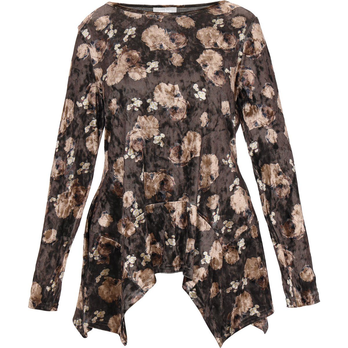 Romantische Blumen-Samt-Bluse mit Stufensaum