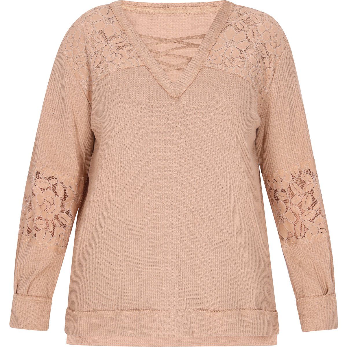 Waffelstrick-Bluse mit Spitzendetails