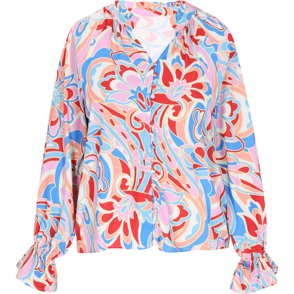 Bluse mit Psychedelic-Print und Rüschenmanschetten