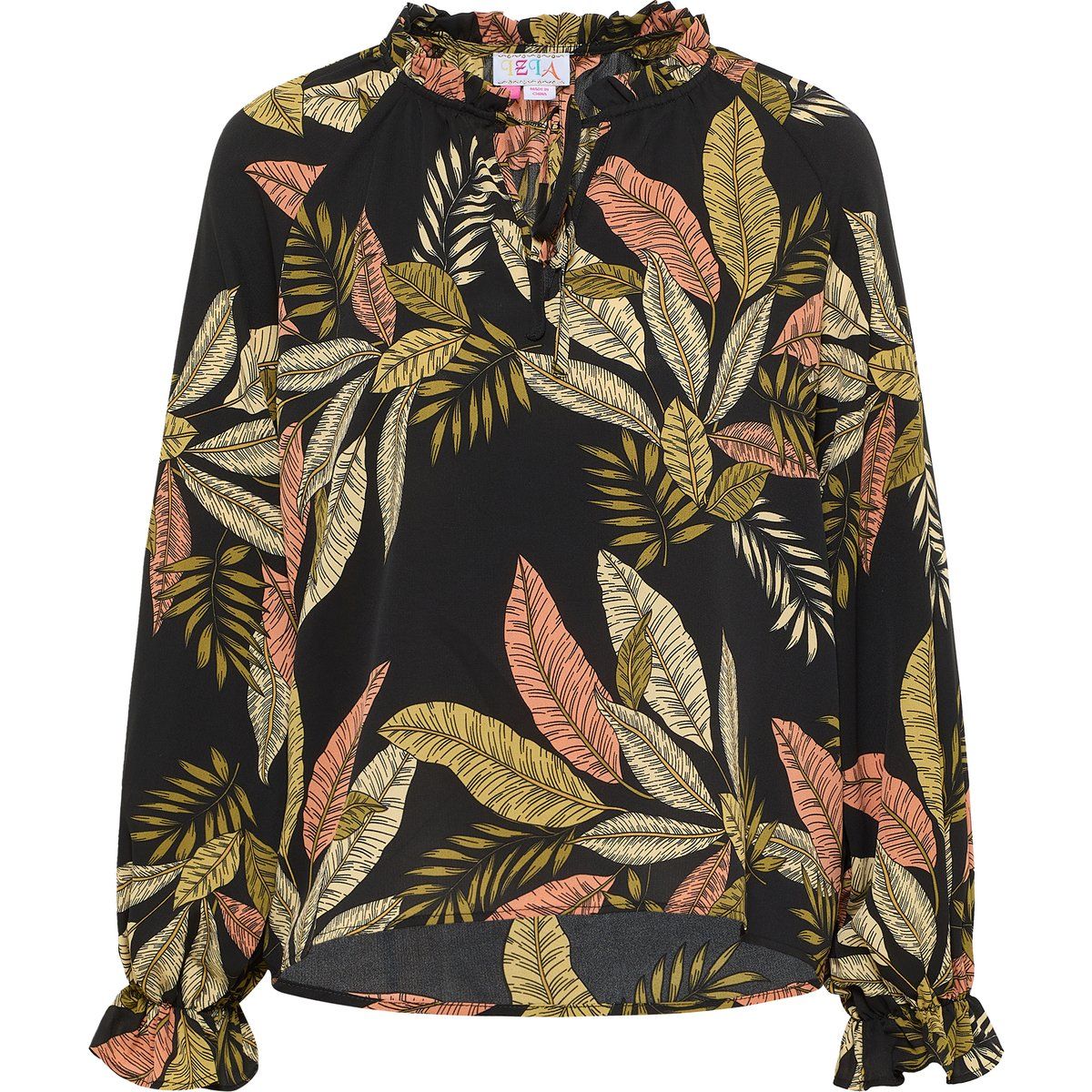 Bluse mit tropischem Blättermuster und Rüschen