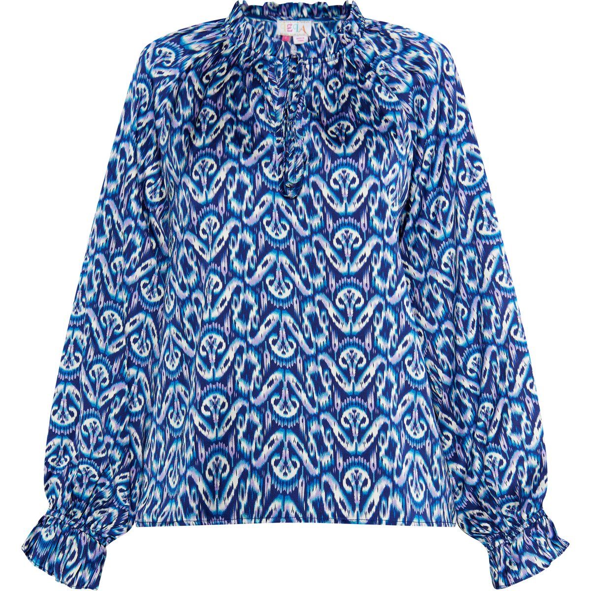 Fließende Ikat-Print Bluse mit Rüschen
