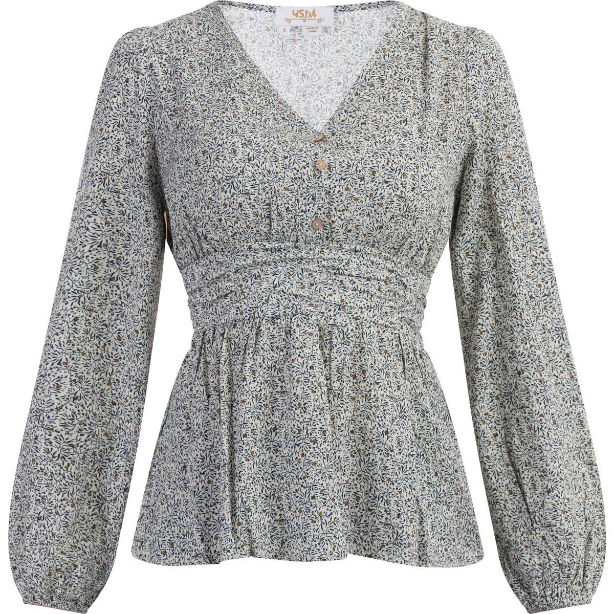 V-Ausschnitt-Bluse mit Blumenmuster und Schößchen