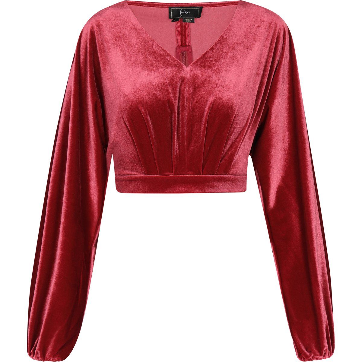 Plissierte Samt-Crop-Bluse mit V-Ausschnitt
