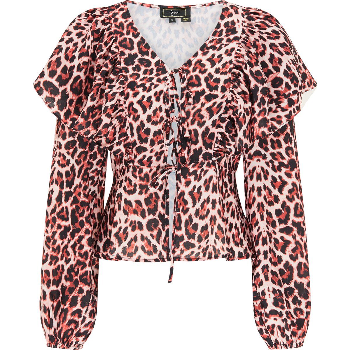 Schößchenbluse mit Rüschen und Leopardenmuster