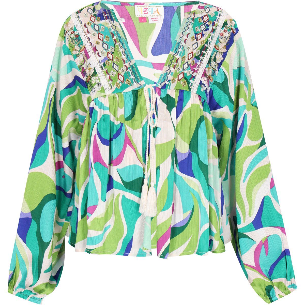 Bestickte Boho-Print Bluse mit Quasten