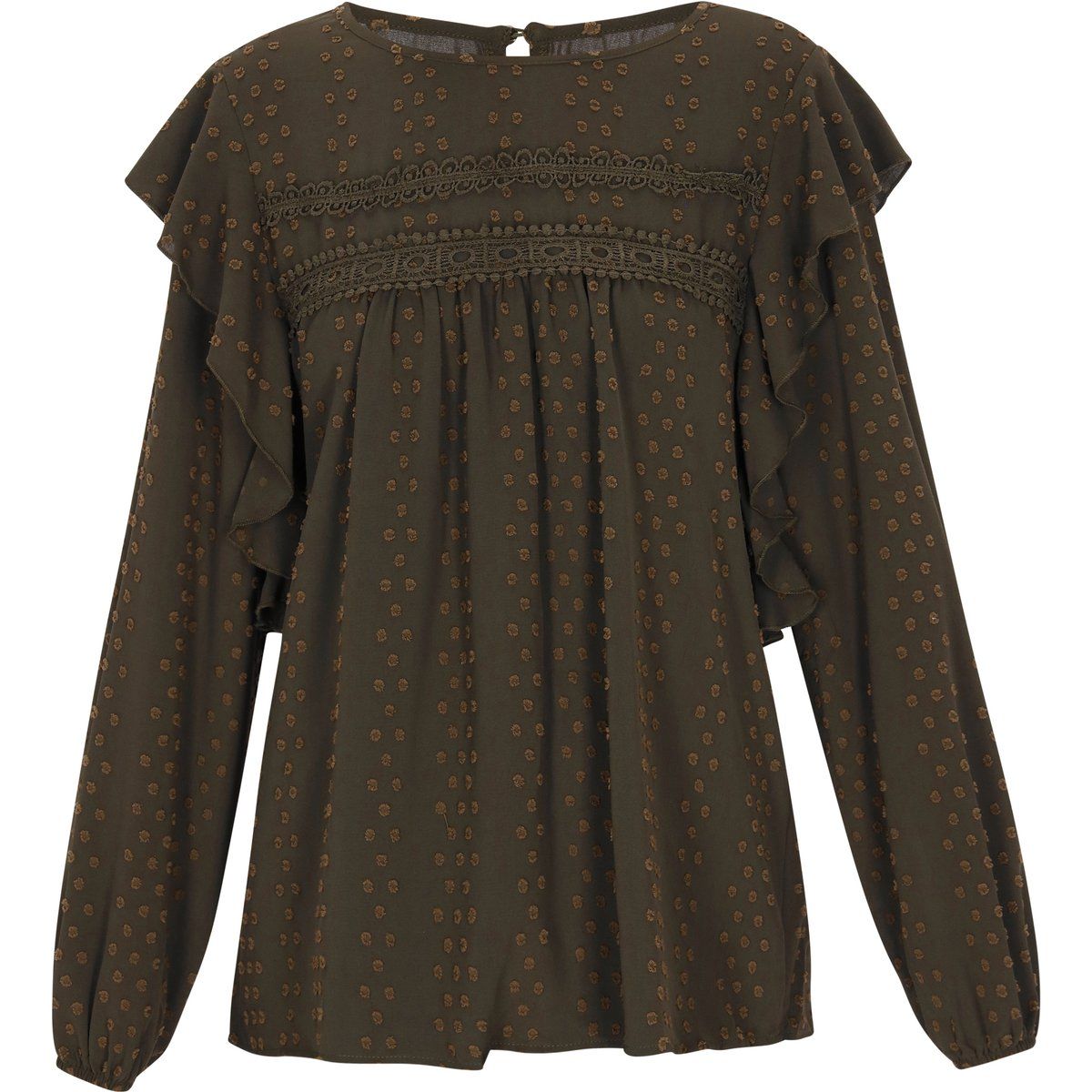 Bluse mit Rüschen und Tupfenmuster