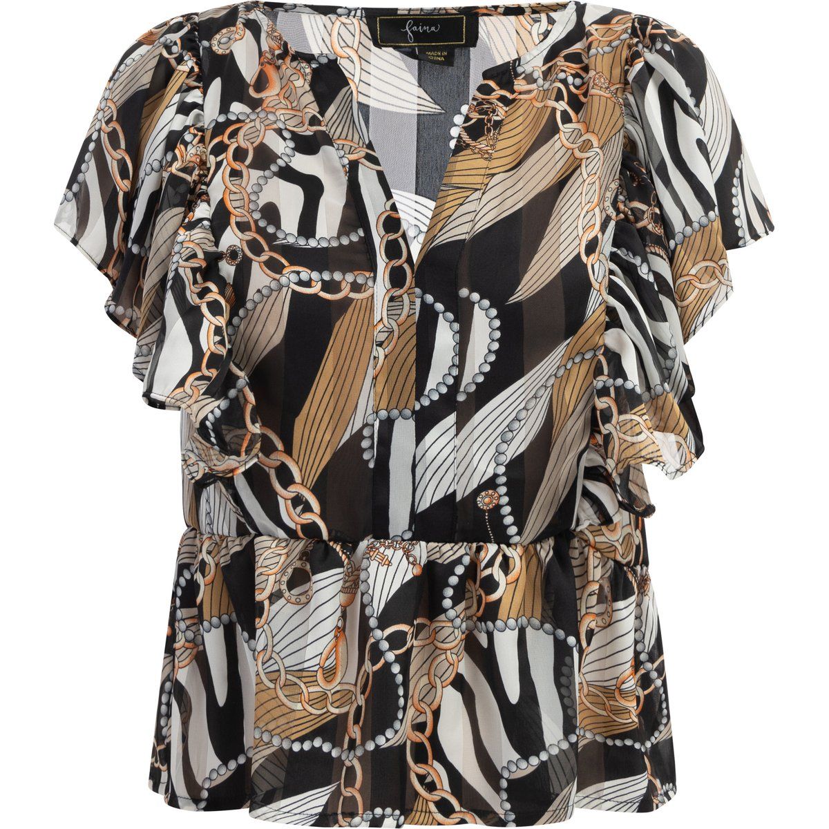Rüschenbluse mit Schößchen und Kettenprint