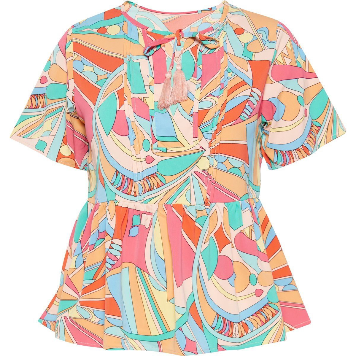 Farbenfrohe Schößchenbluse mit Geometrie-Print