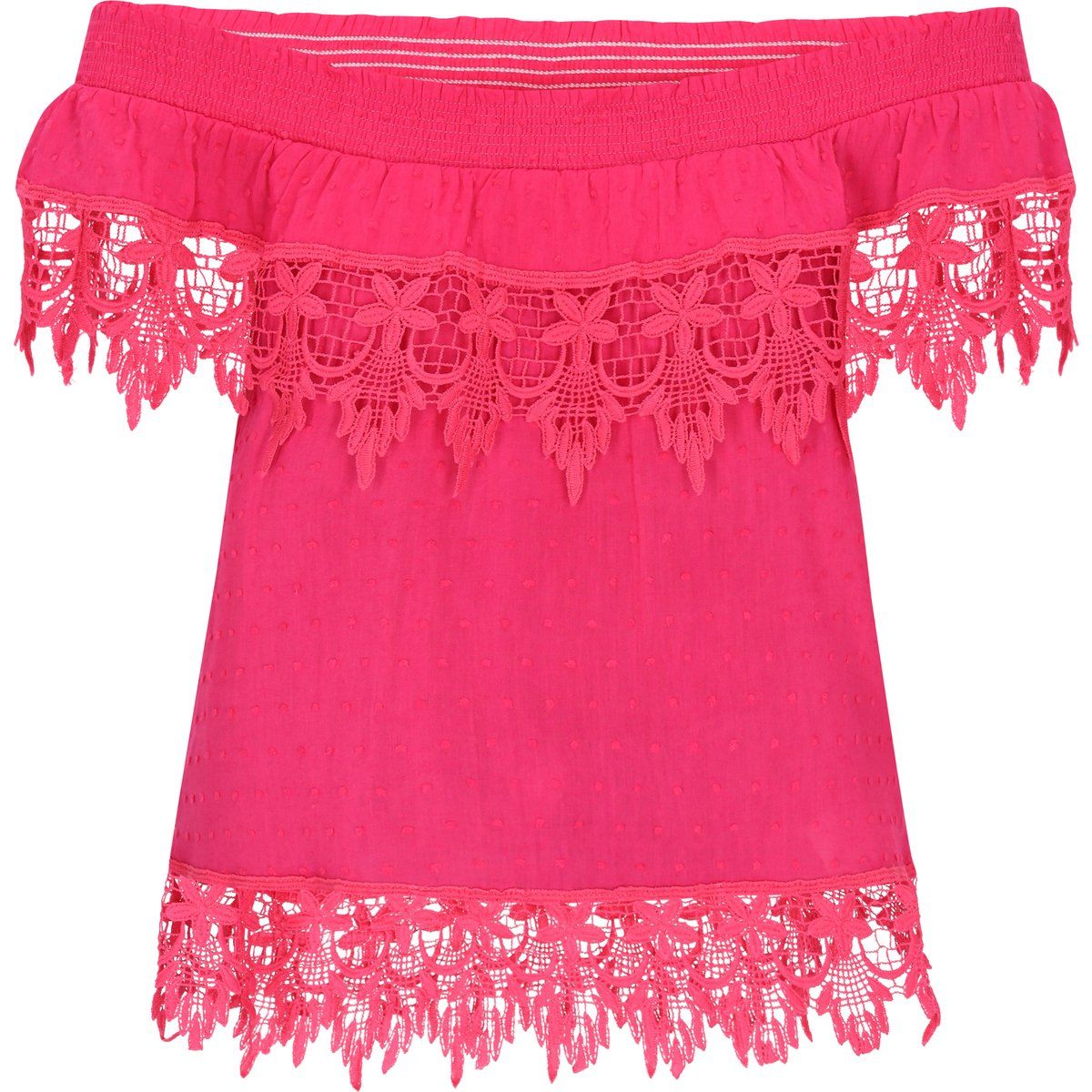 Schulterfreie Rüschenbluse mit Dobby-Muster
