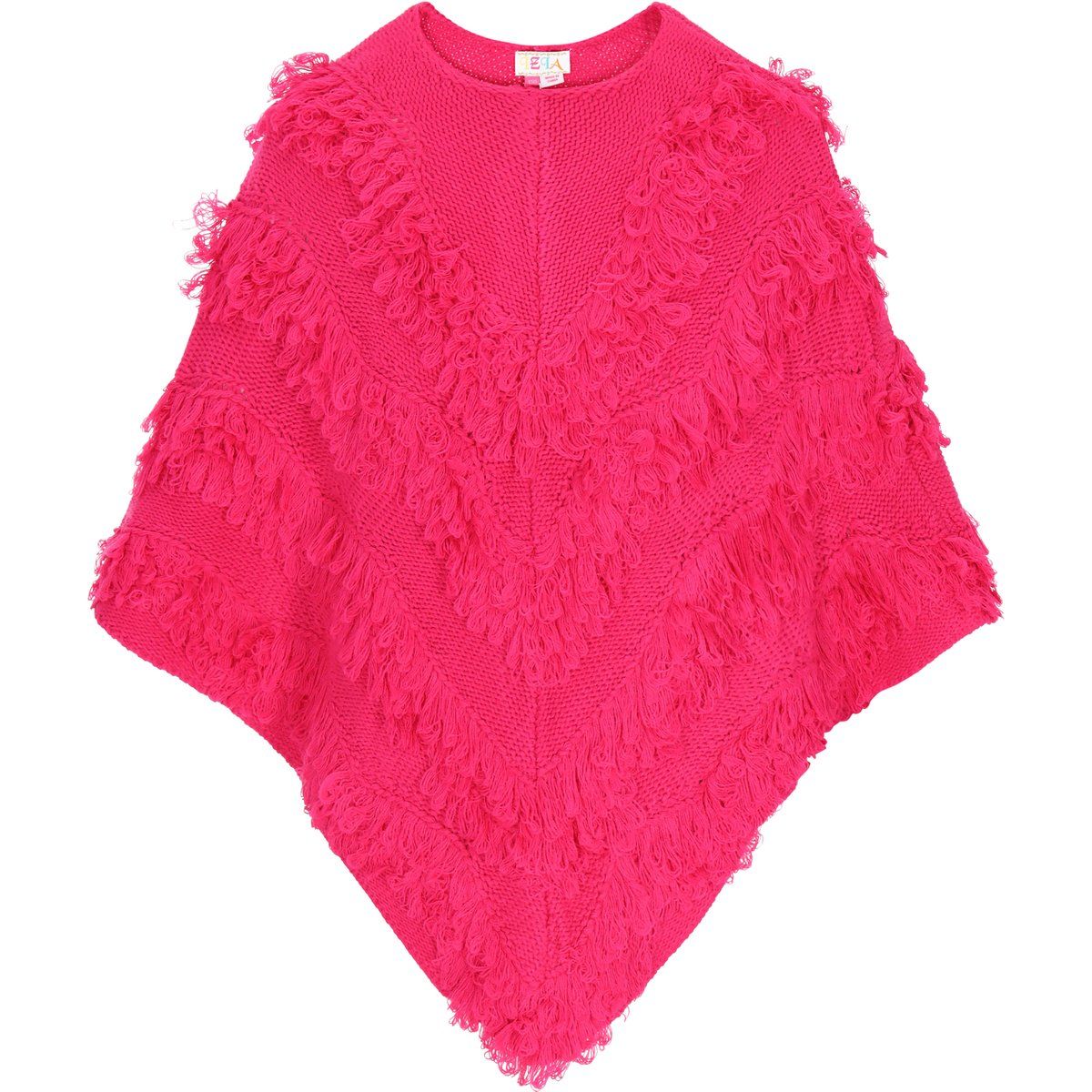 Knalliger Strick-Boho-Poncho mit Fransen