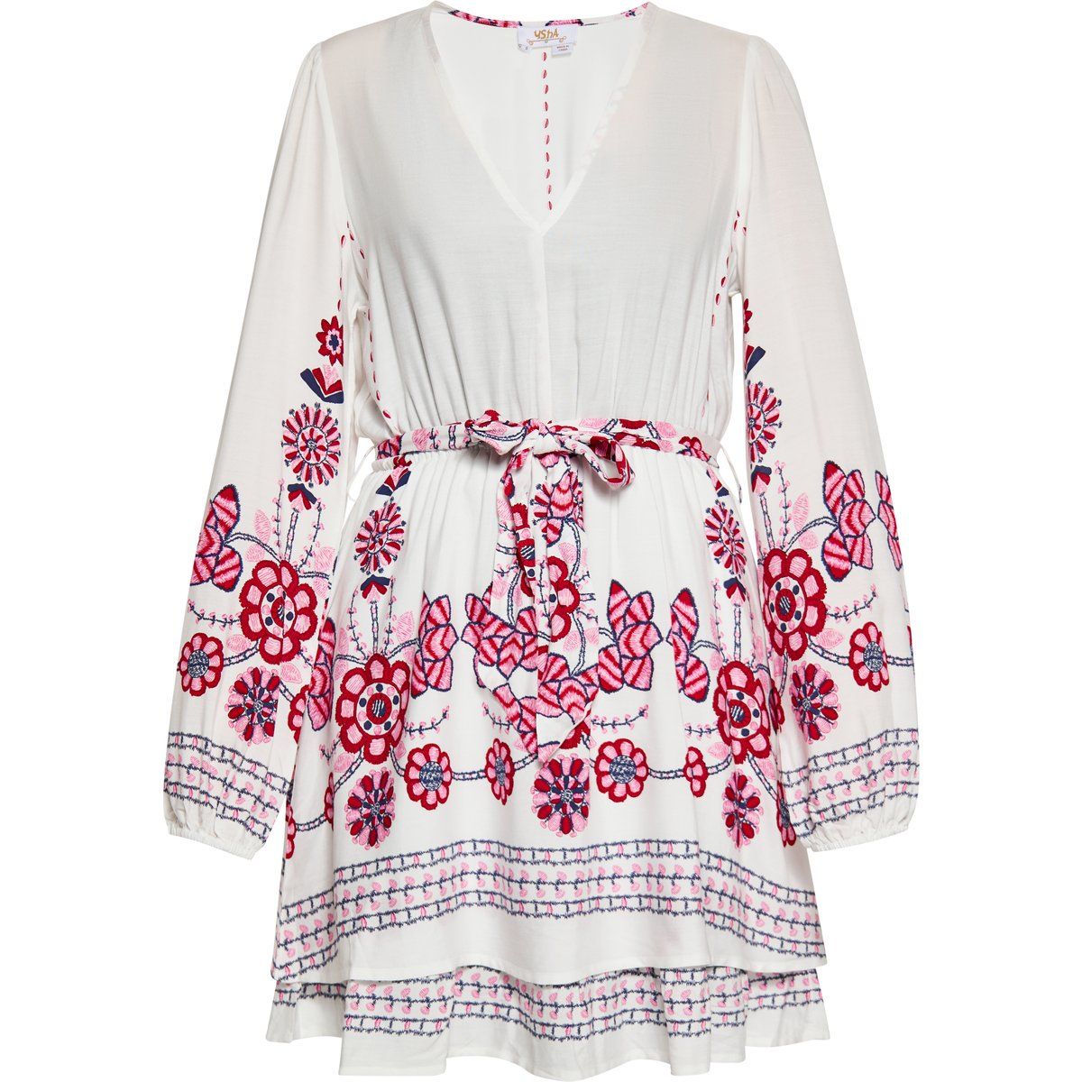 Besticktes Mini-Kleid mit Blumenmuster und Gürtel