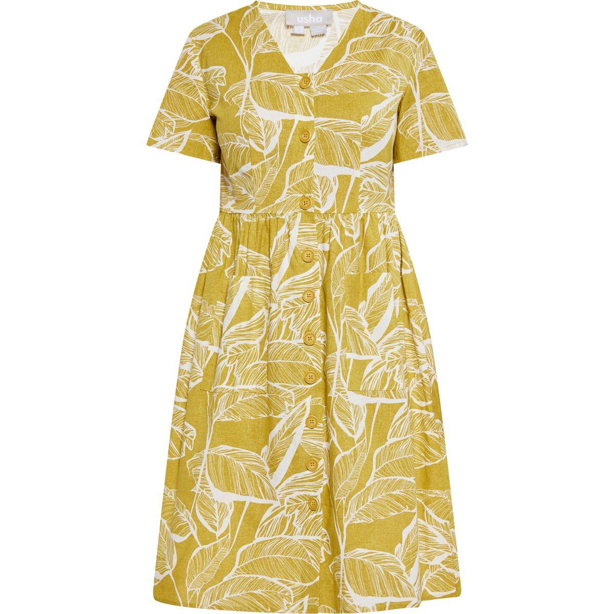 Geknöpftes Midikleid mit Blätter-Print