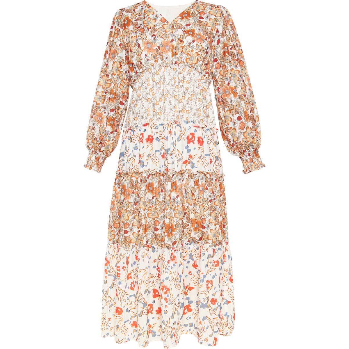Geblümtes Midi-Stufenkleid im Boho-Stil
