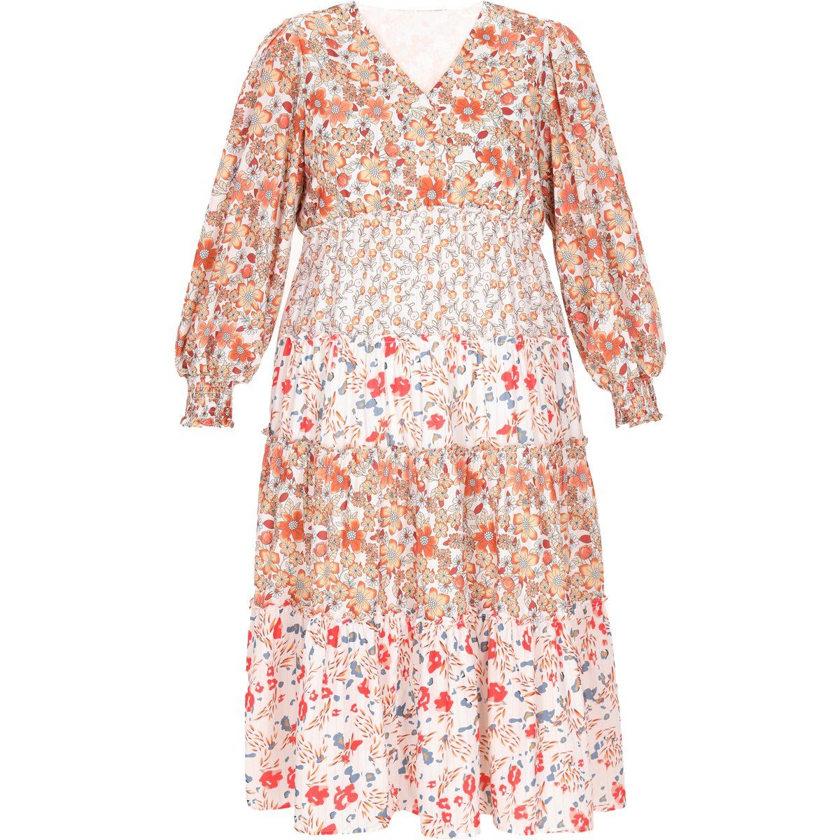 Gestuftes Patchwork-Midikleid mit Blumenmuster