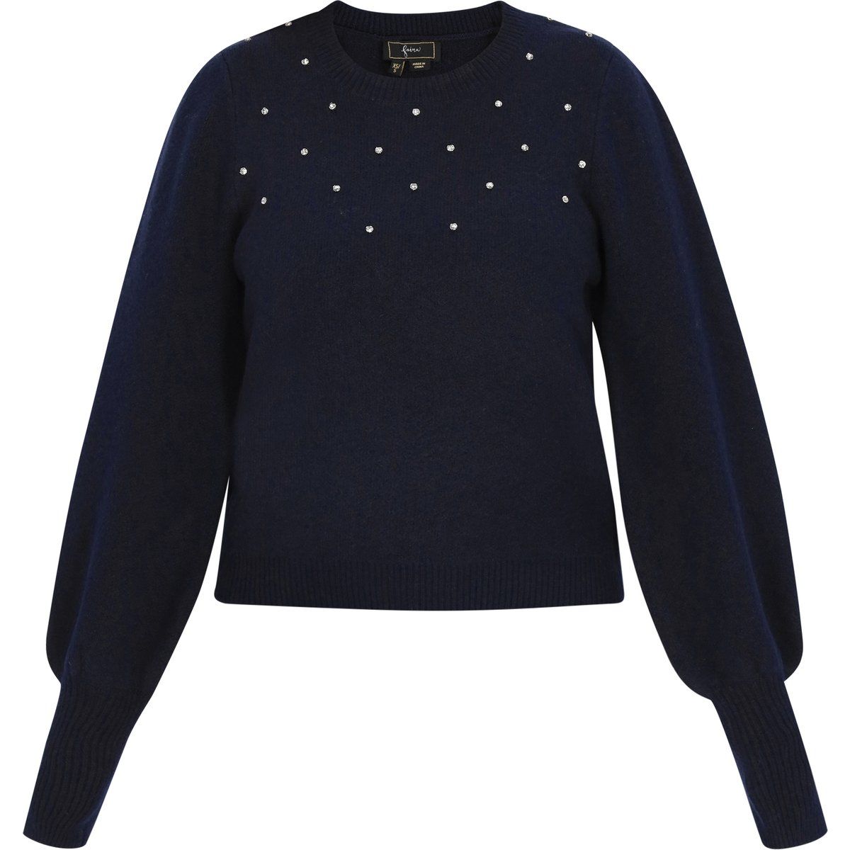 Strickpullover mit Schmucksteinen und Puffärmeln