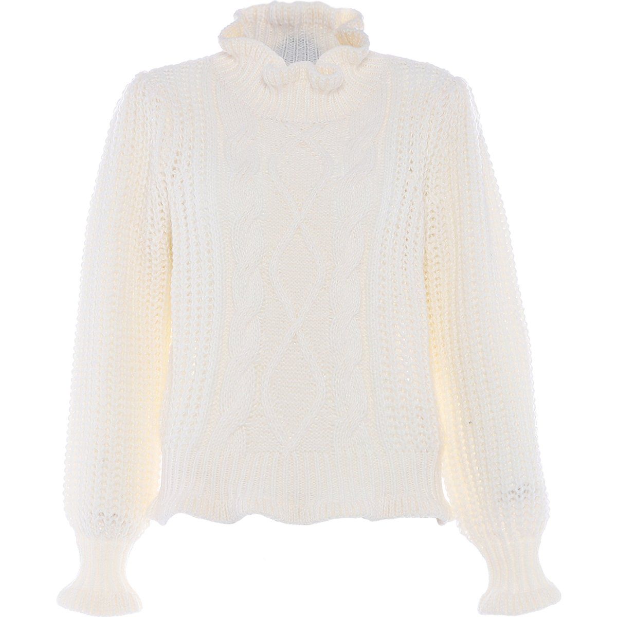 Zopfmuster-Pullover mit Rüschenkragen