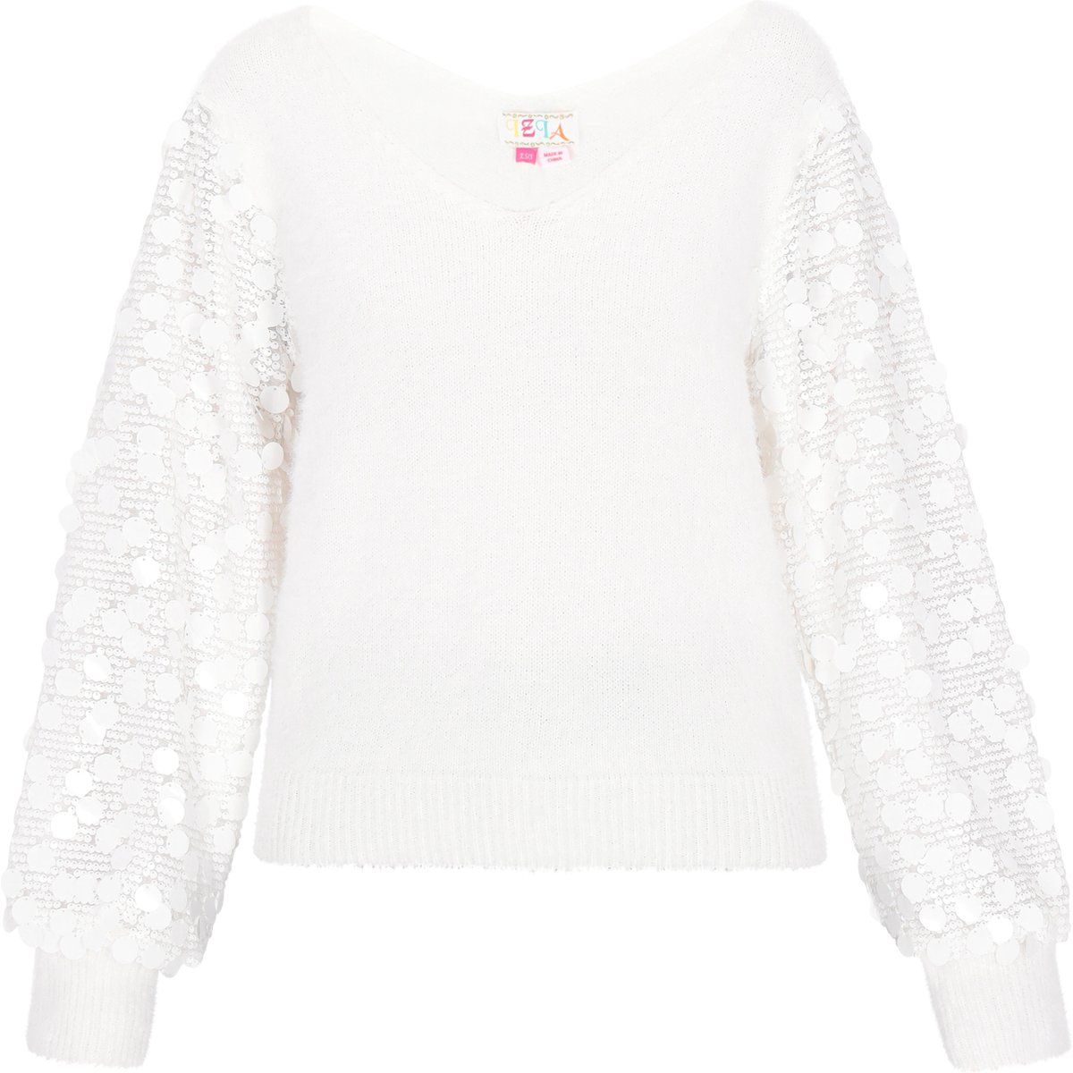 V-Ausschnitt Pullover mit Pailletten-Puffärmeln