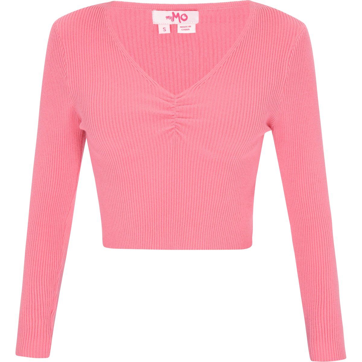 Gerippter Cropped-Pullover mit Raffung