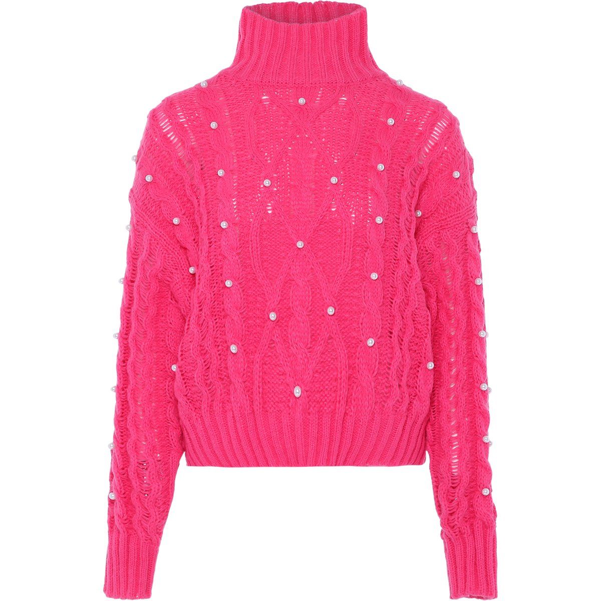Perlenbesetzter Zopfstrick-Rollkragenpullover