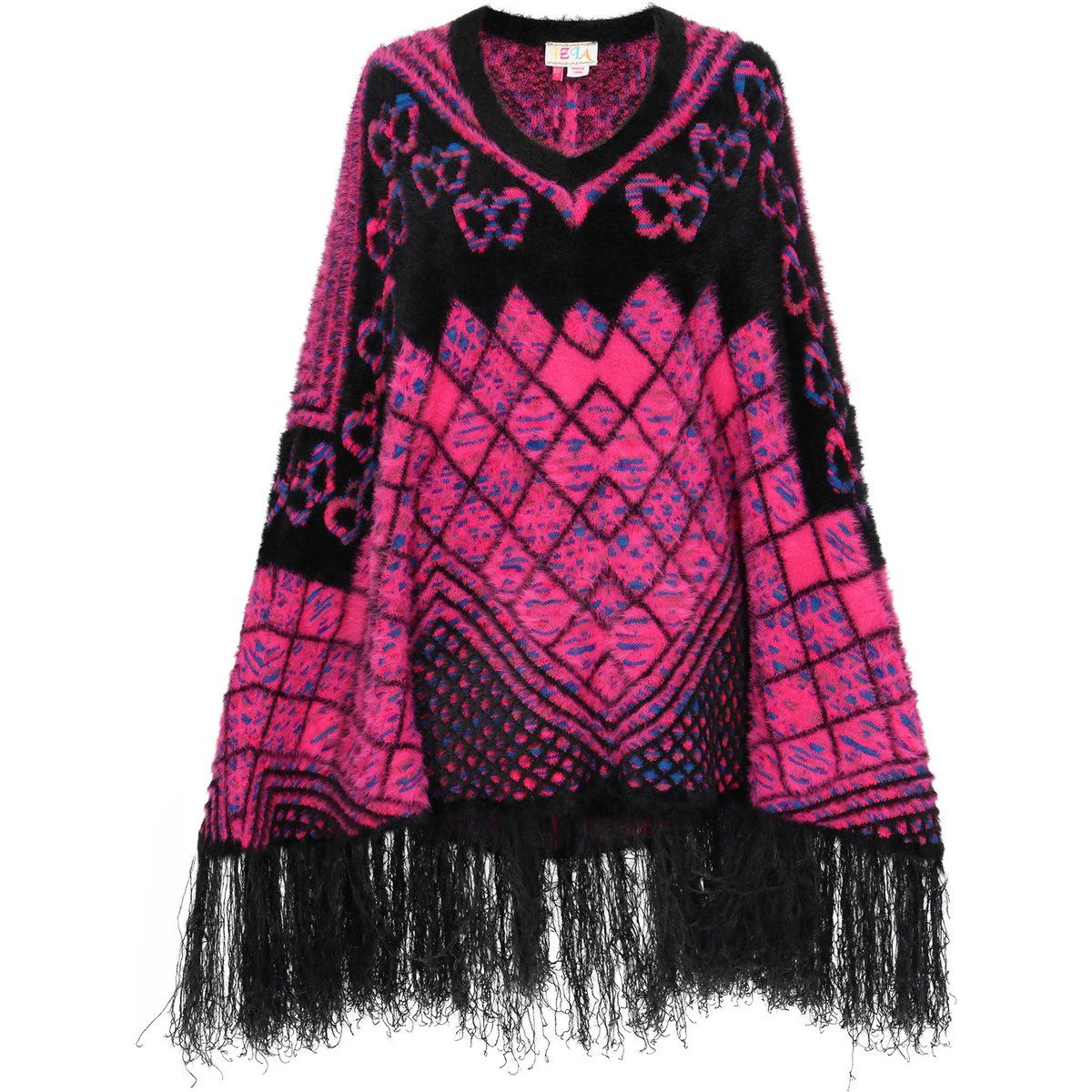 Geometrisch gemusterter Strickponcho mit Fransen