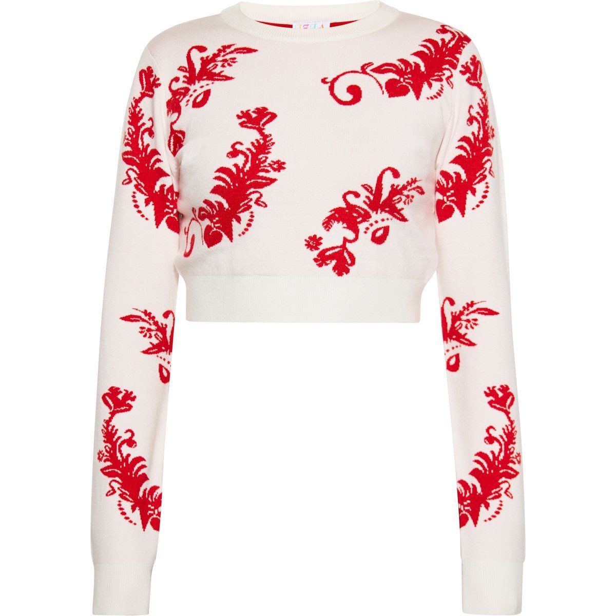 Kurzer Jacquard-Strickpullover mit Blumenmuster