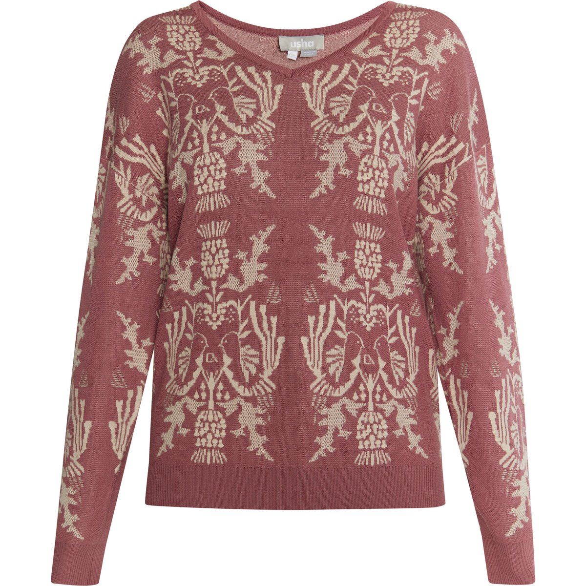 Strickpullover mit Vogel- und Blumenmuster