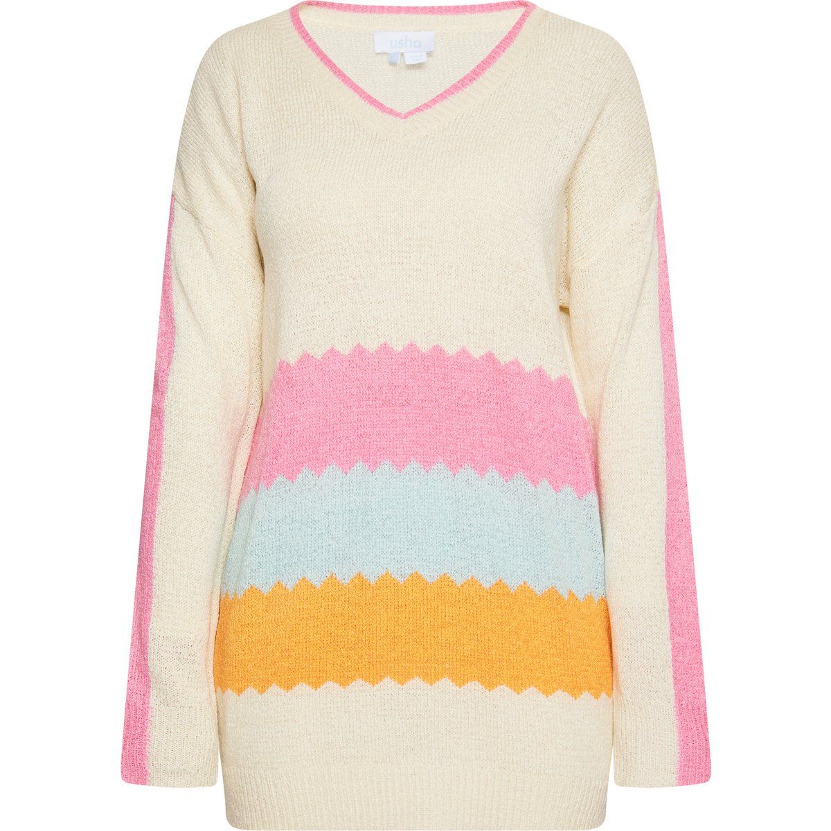 V-Ausschnitt Strickpullover mit Pastell-Zickzack-Muster