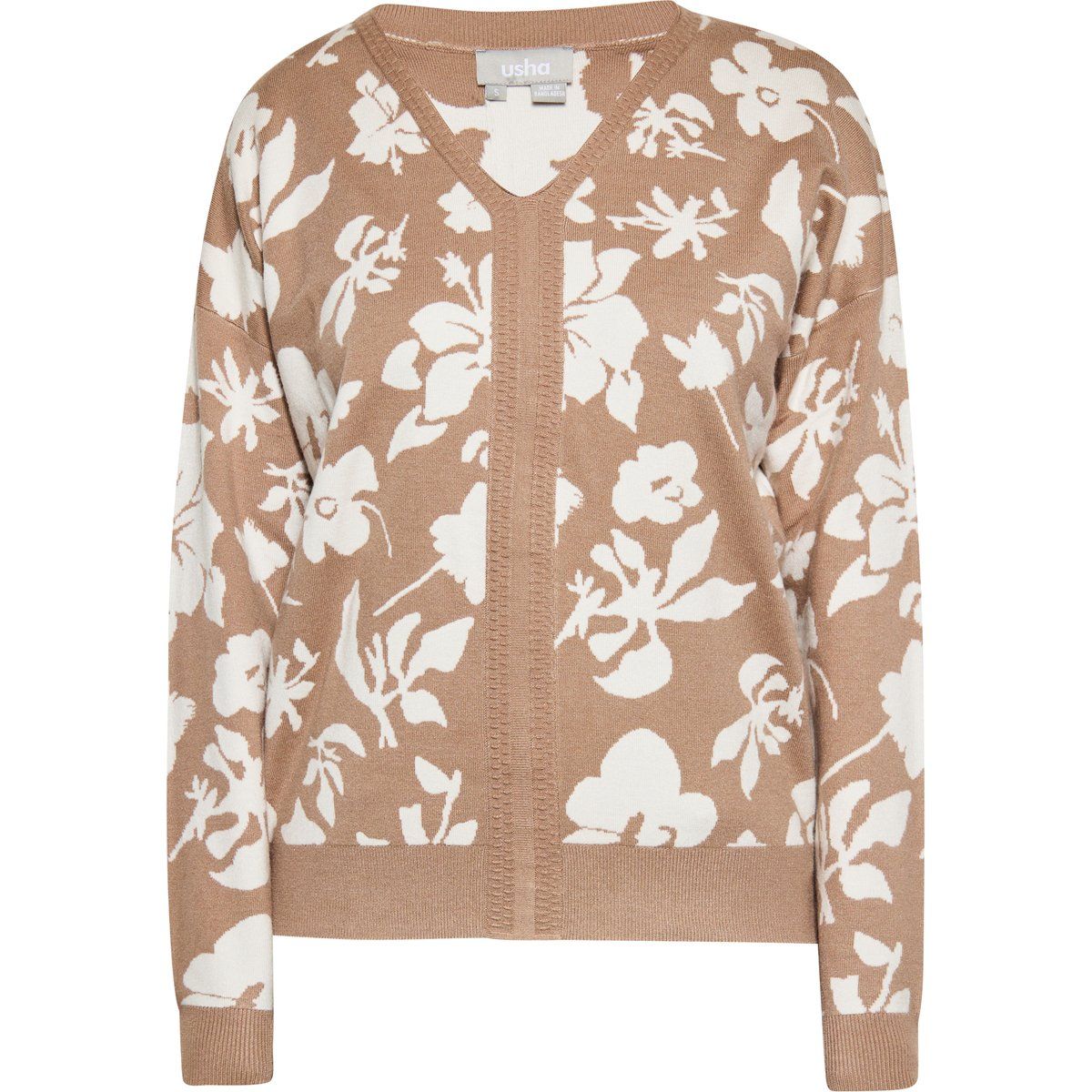 V-Ausschnitt Strickpullover mit Blumen-Jacquard