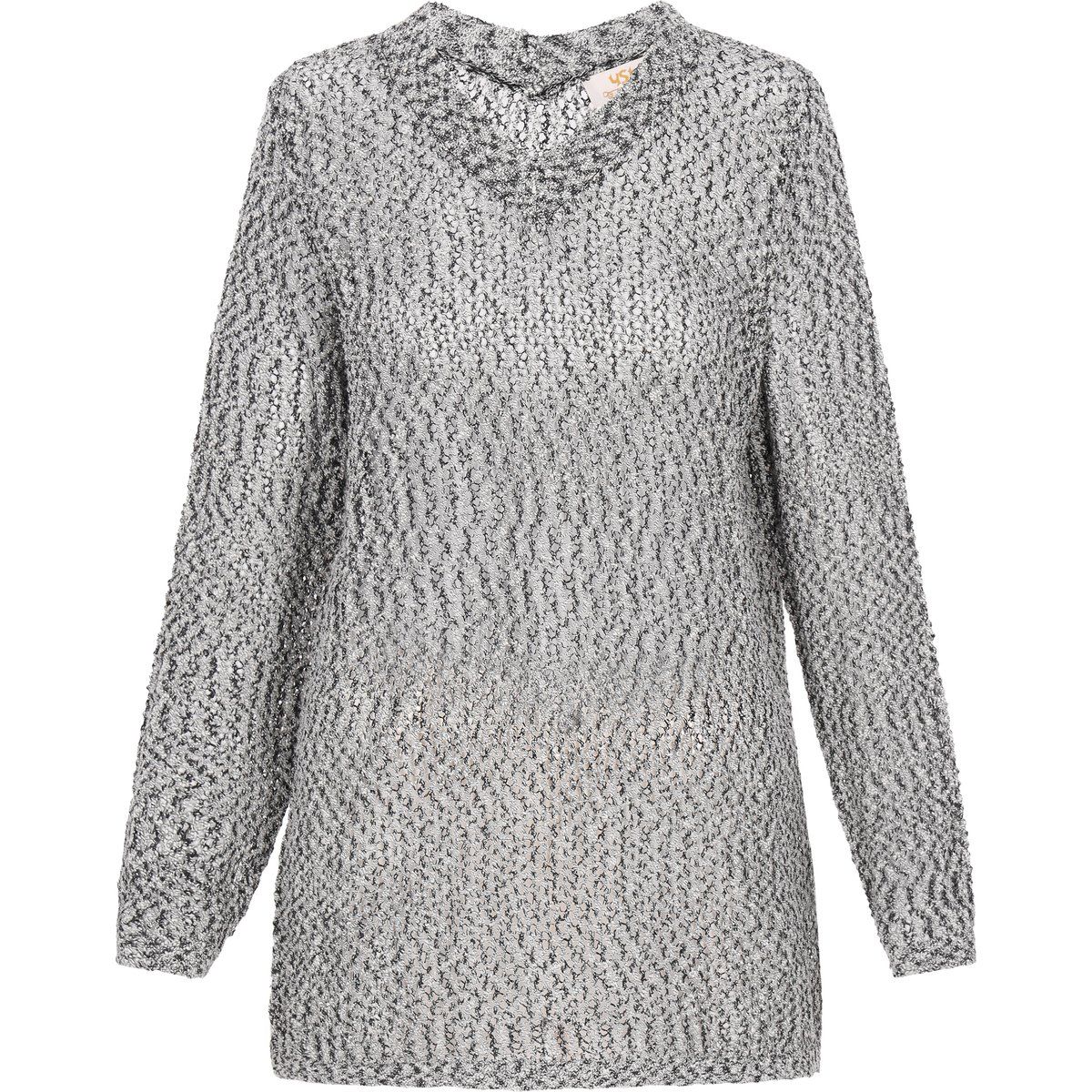 Schimmernder Lochstrick-Pullover mit V-Ausschnitt