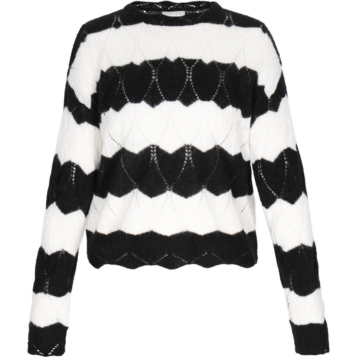Gestreifter Ajour-Strickpullover mit Wellensaum