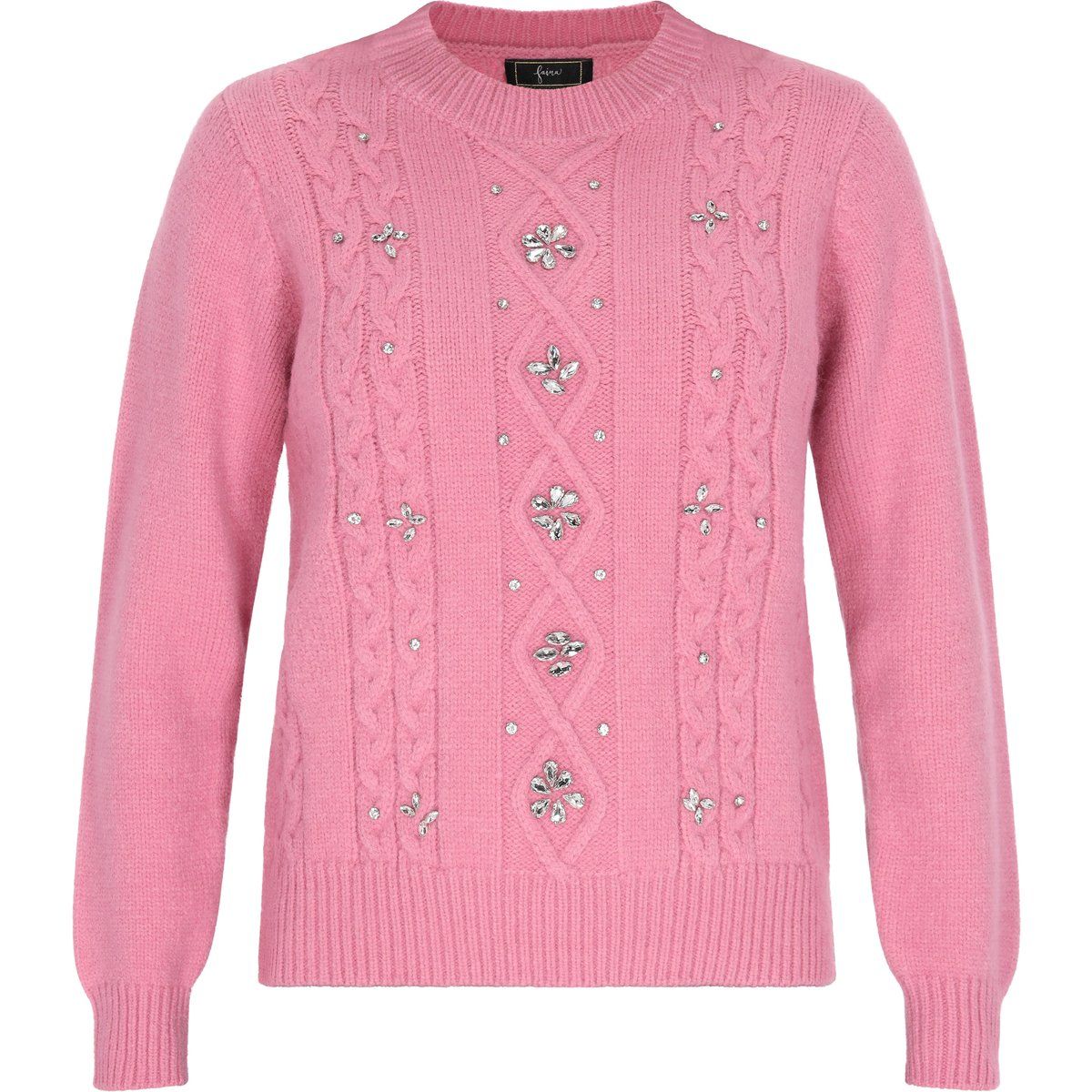 Verzierter Zopfstrickpullover mit Rundhalsausschnitt