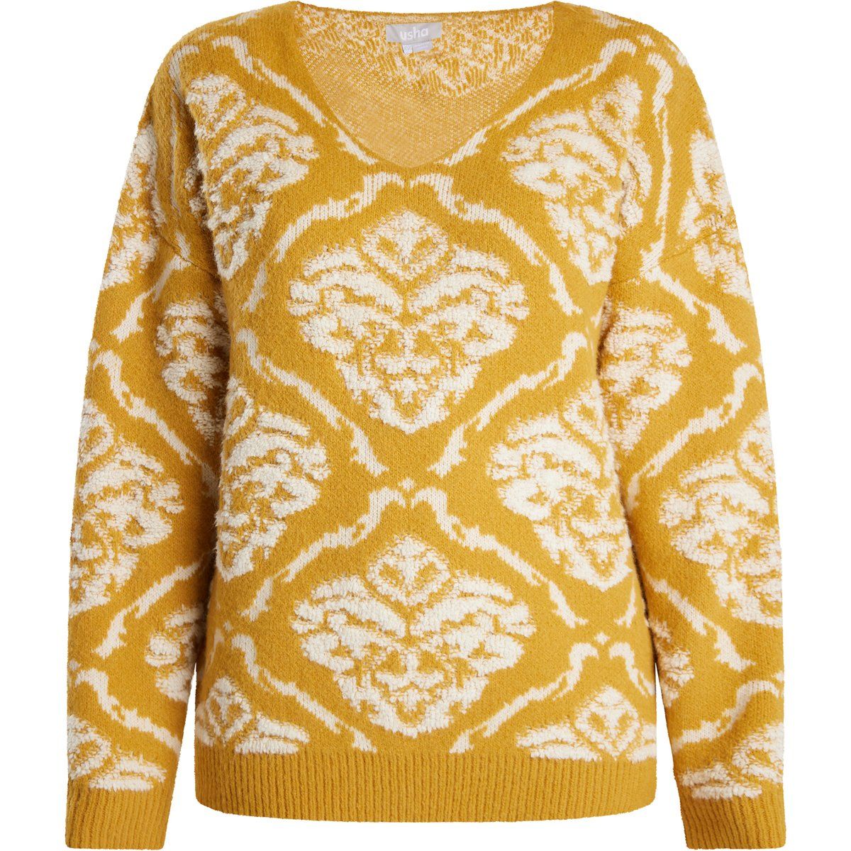 Strickpullover mit Damast-Intarsie und V-Ausschnitt