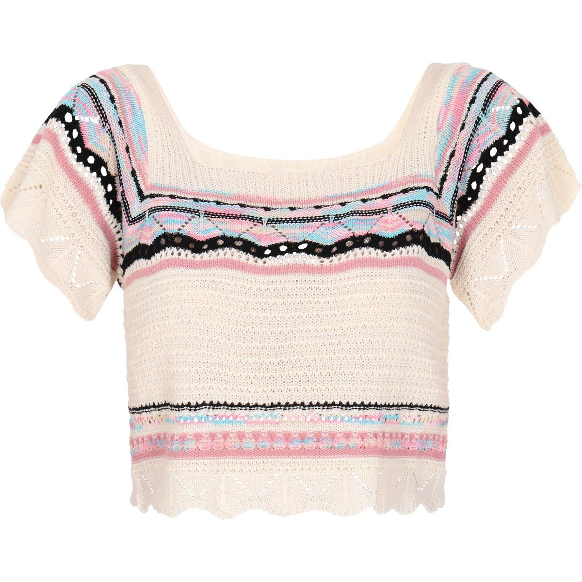 Boho-Strickoberteil mit eckigem Ausschnitt