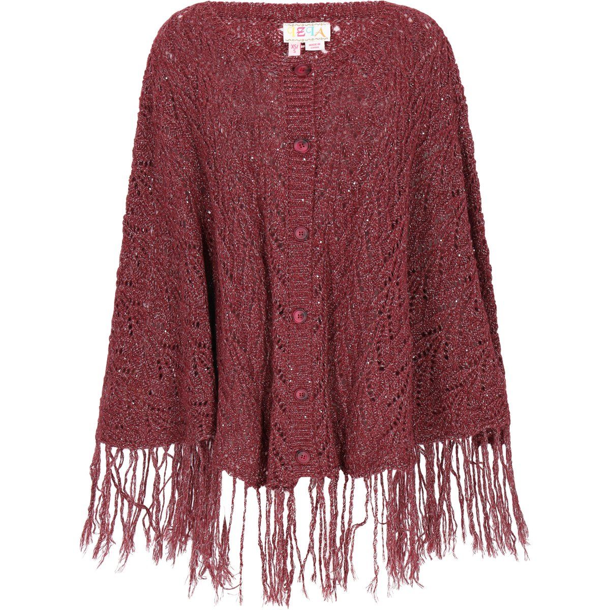 Strick-Poncho mit Ajourmuster und Quasten