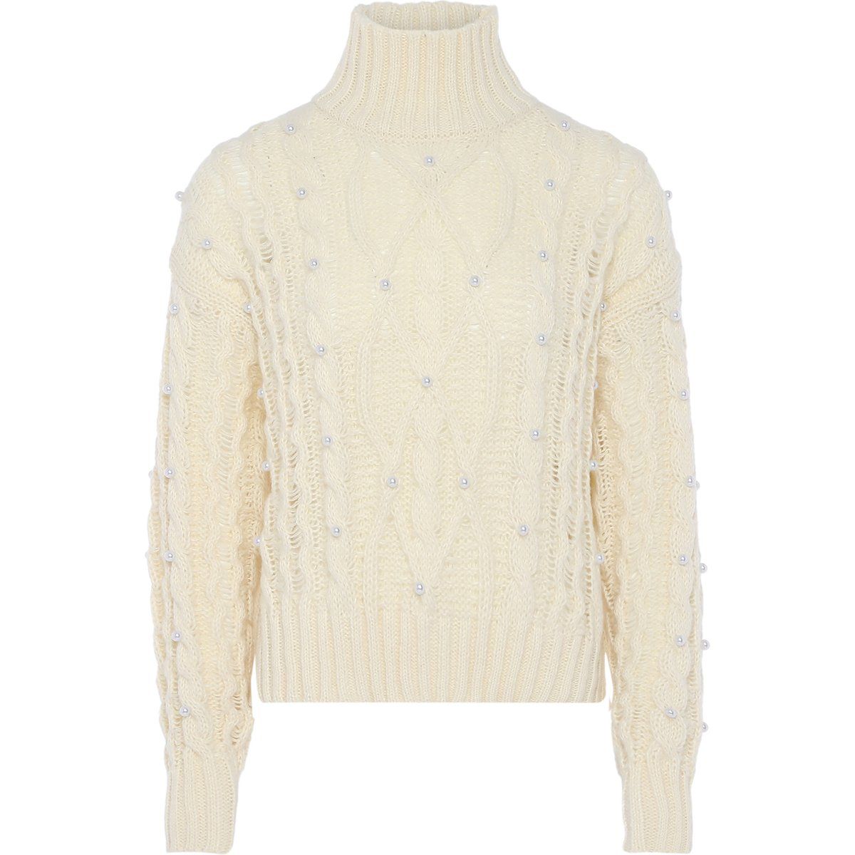 Eleganter Zopfstrickpullover mit Perlenbesatz