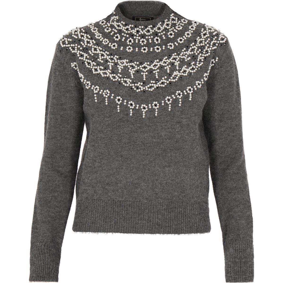 Bestickter Strickpullover mit Perlenbesatz