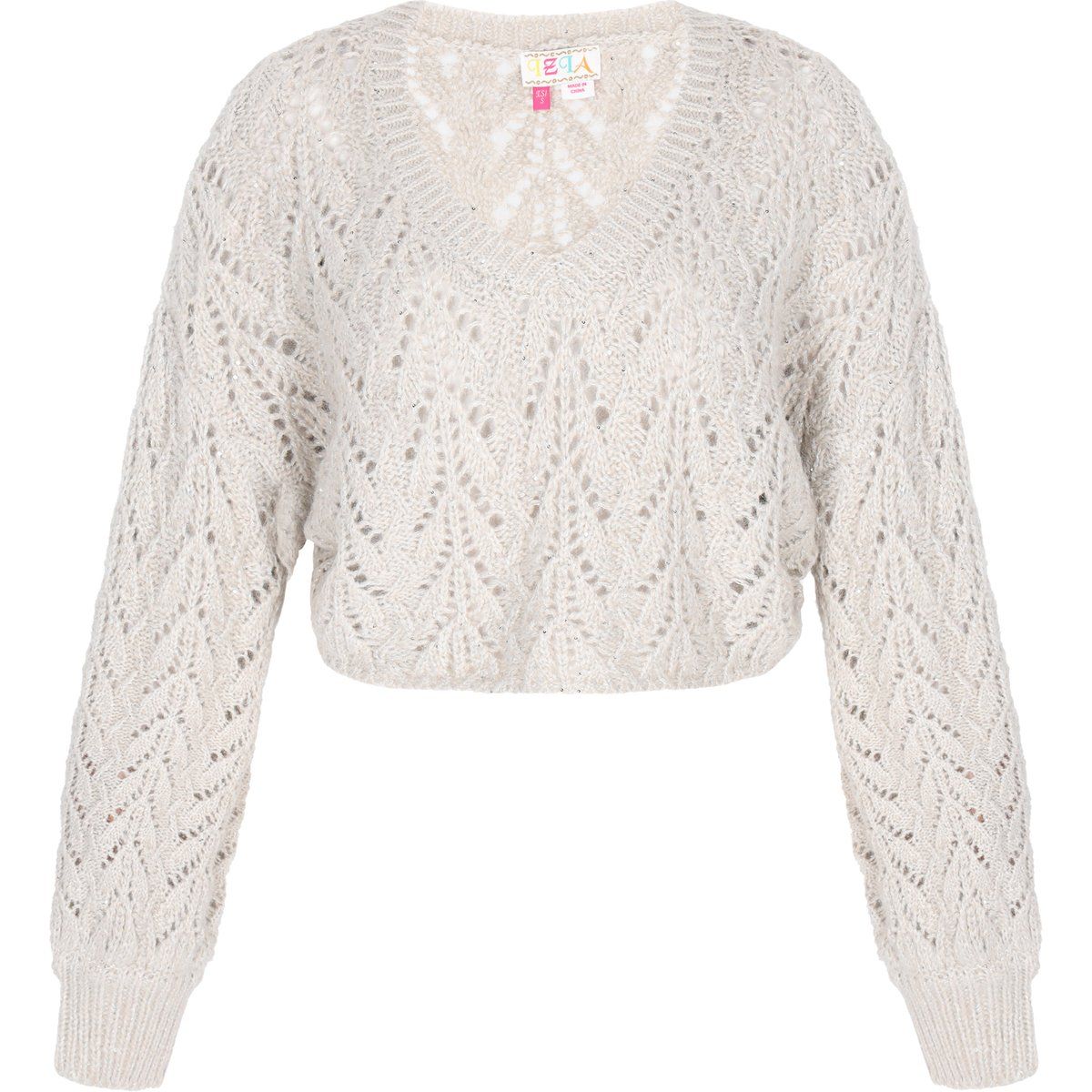 Gekürzter Ajour-Strickpullover mit V-Ausschnitt