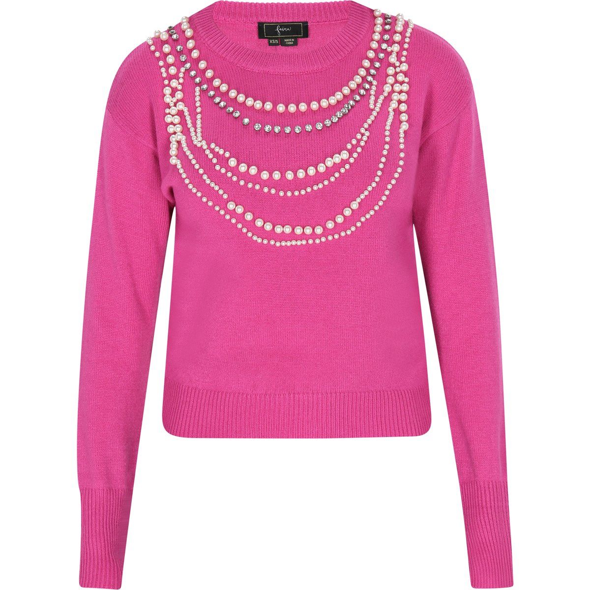 Bestickter Strickpullover mit Halsketten-Effekt