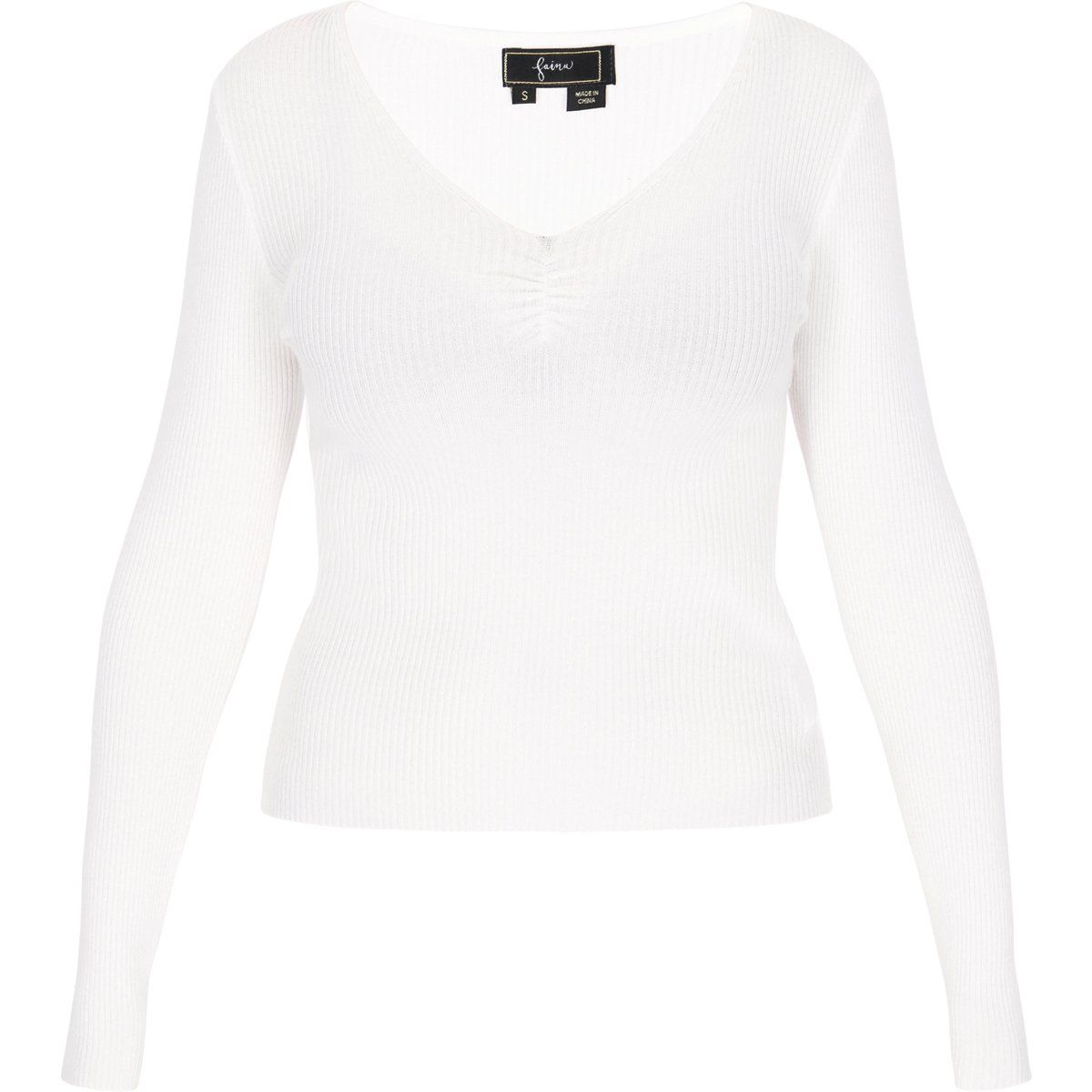Geripptes Langarmshirt mit V-Ausschnitt