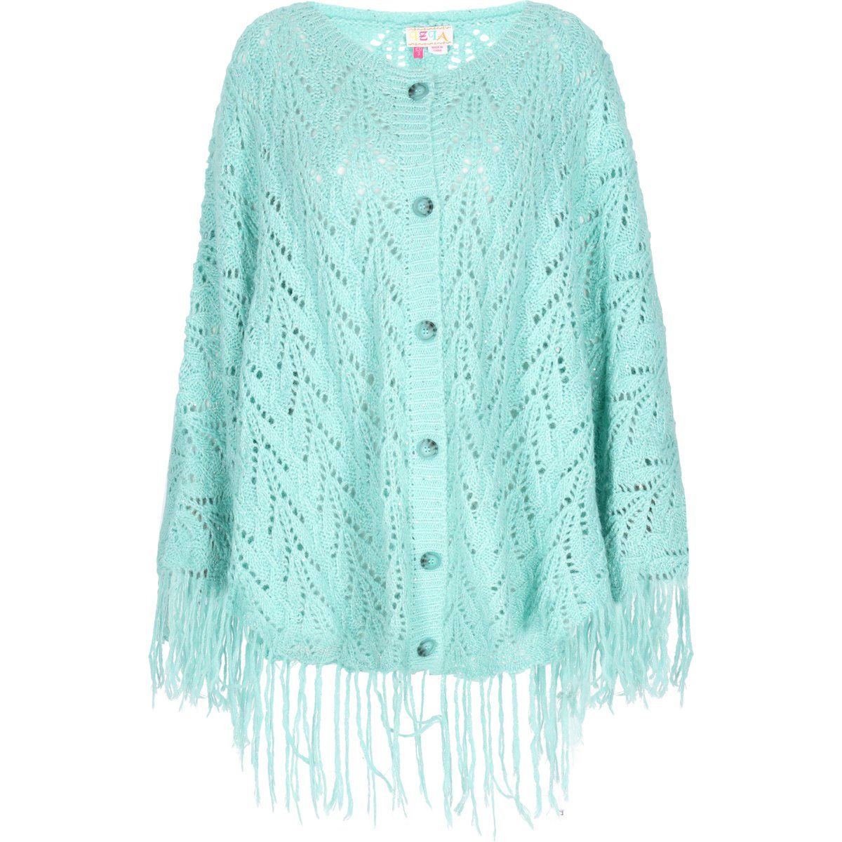 Strickponcho mit Ajourmuster und Fransen
