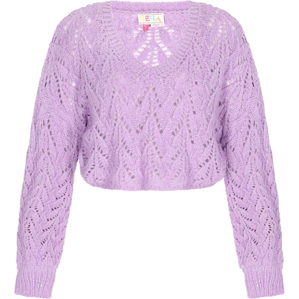 Kurzer Ajour-Strickpullover mit V-Ausschnitt